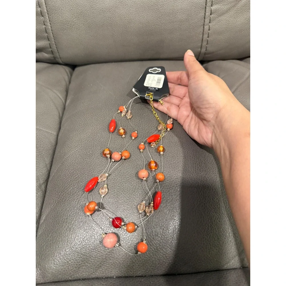 Lane Bryant Red Orange Coral Multi Strand Illusion Necklace and Drop Earring Set